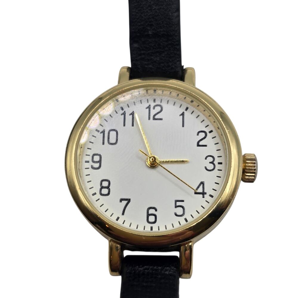 Women Watch White Dial Gold Tone Case Black Faux Leather Band
